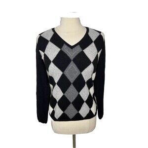 CHARTER CLUB 2 Ply Cashmere Sweater Womens Argyle Black Size M V-Neck Pullover